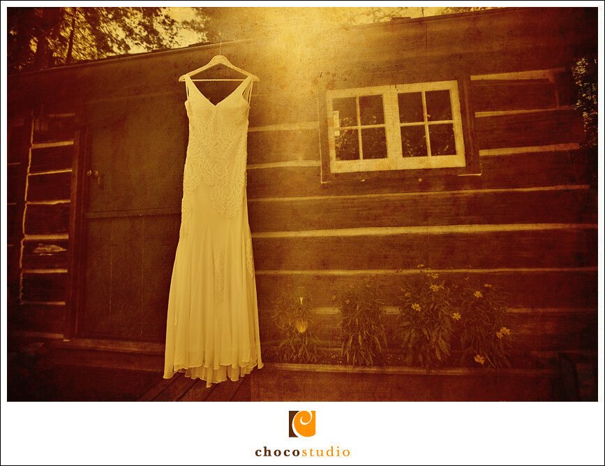 Dress hanging outside a cabin style house in Woodside