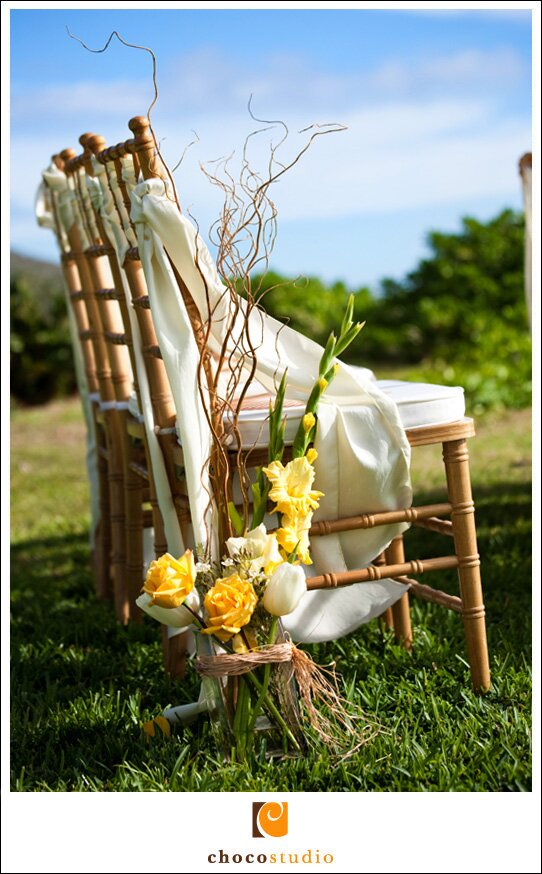 Detail of Flowers and Chairs at a Wedding Ceremony
