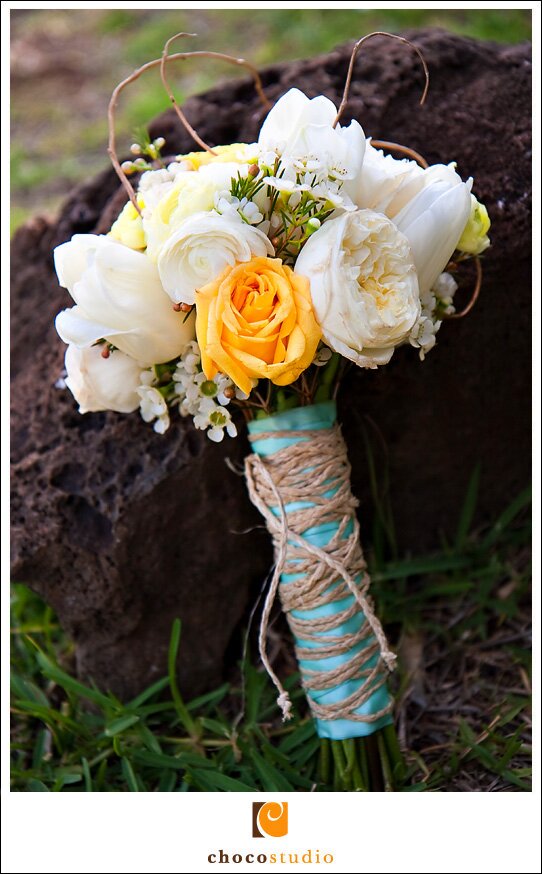Roses Tulips and Orchids Bouquet with Teal Color and Twine Rope Photo