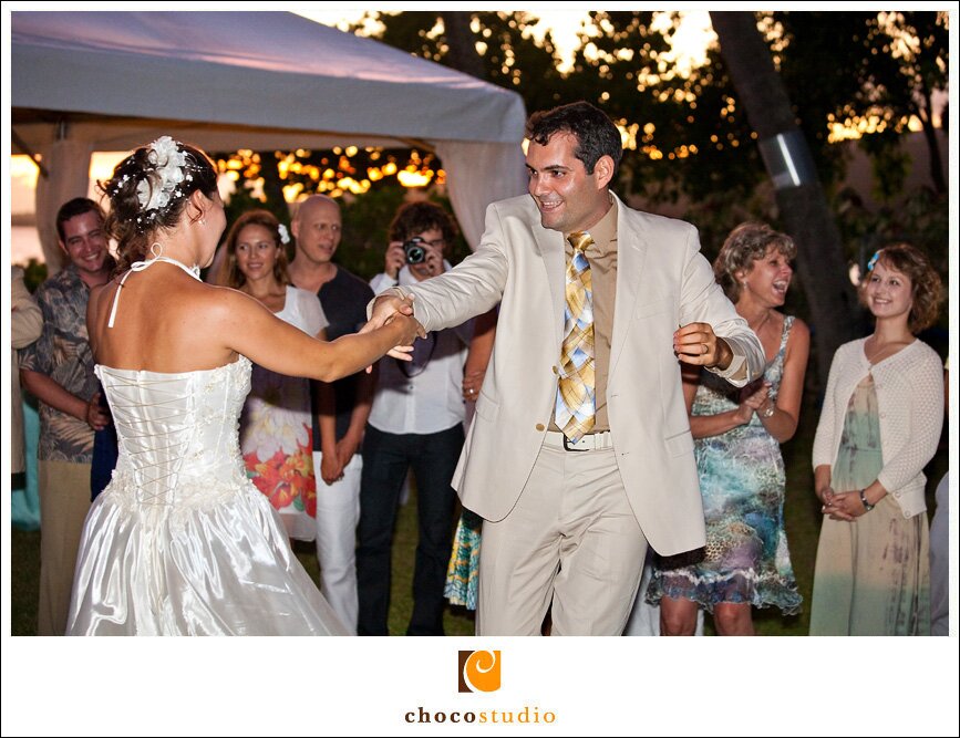 Dancing at a wedding reception in Hawaii at a private villa