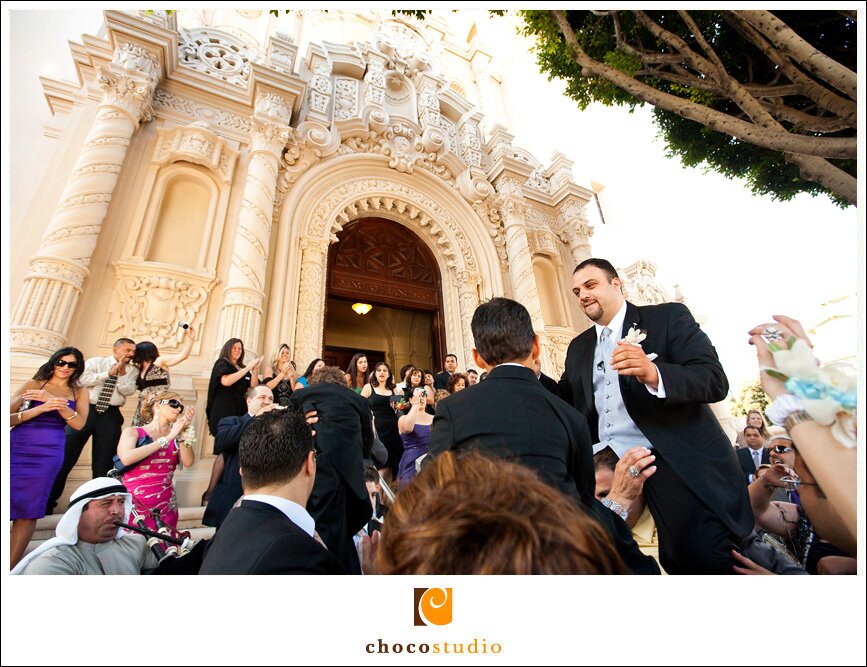 Celebration outside Mission Dolores before the wedding