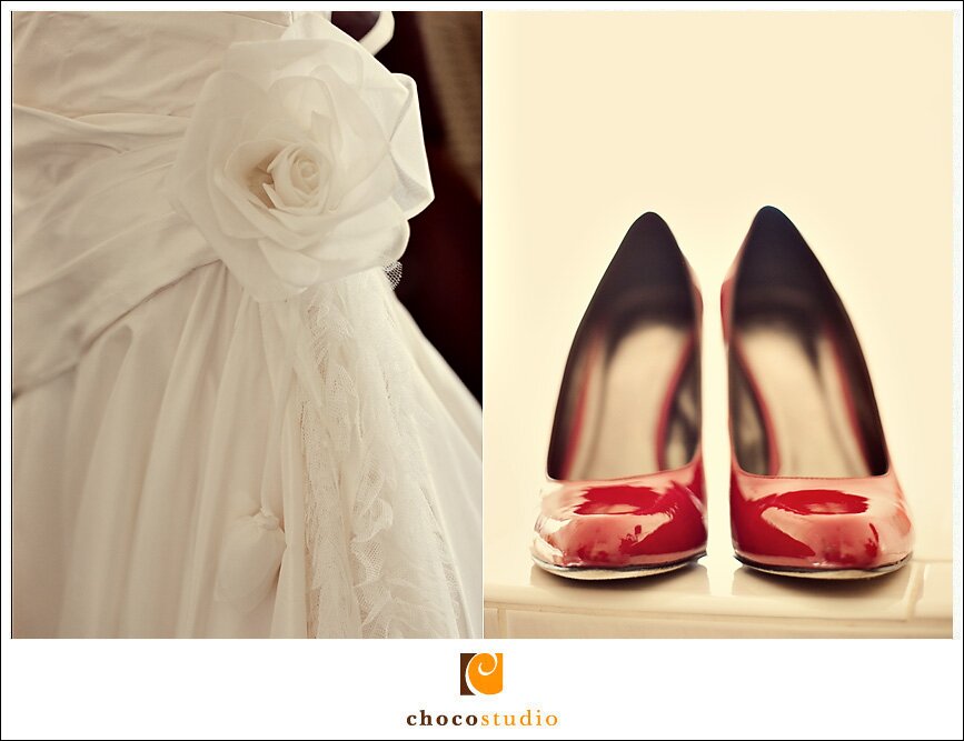Wedding gown detail and red wedding shoes
