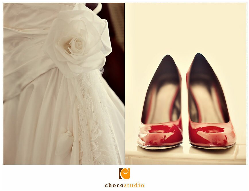Red bridal shoes and wedding dress
