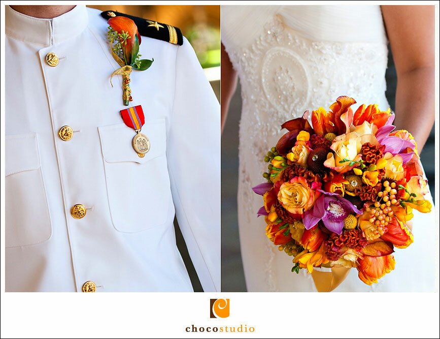 Colorful orange and red wedding bouquet