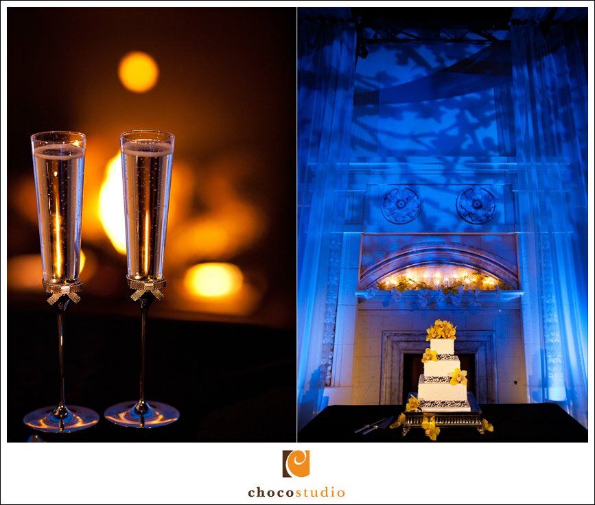 Wedding Cake and Champagne Glasses at Casa Real Reception