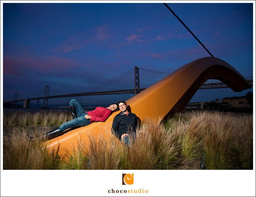 Bow and Arrow Engagement photo on the waterfront in SF
