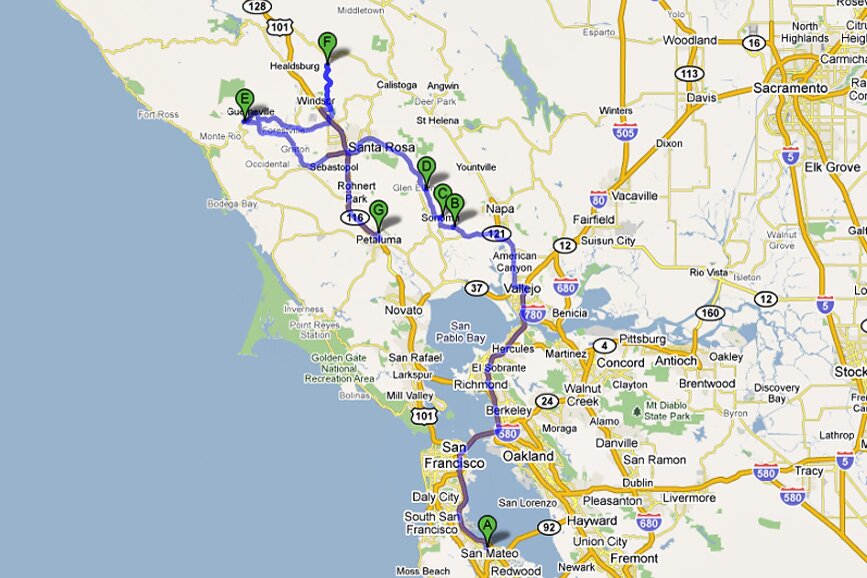 Map if various wedding venues in wine country